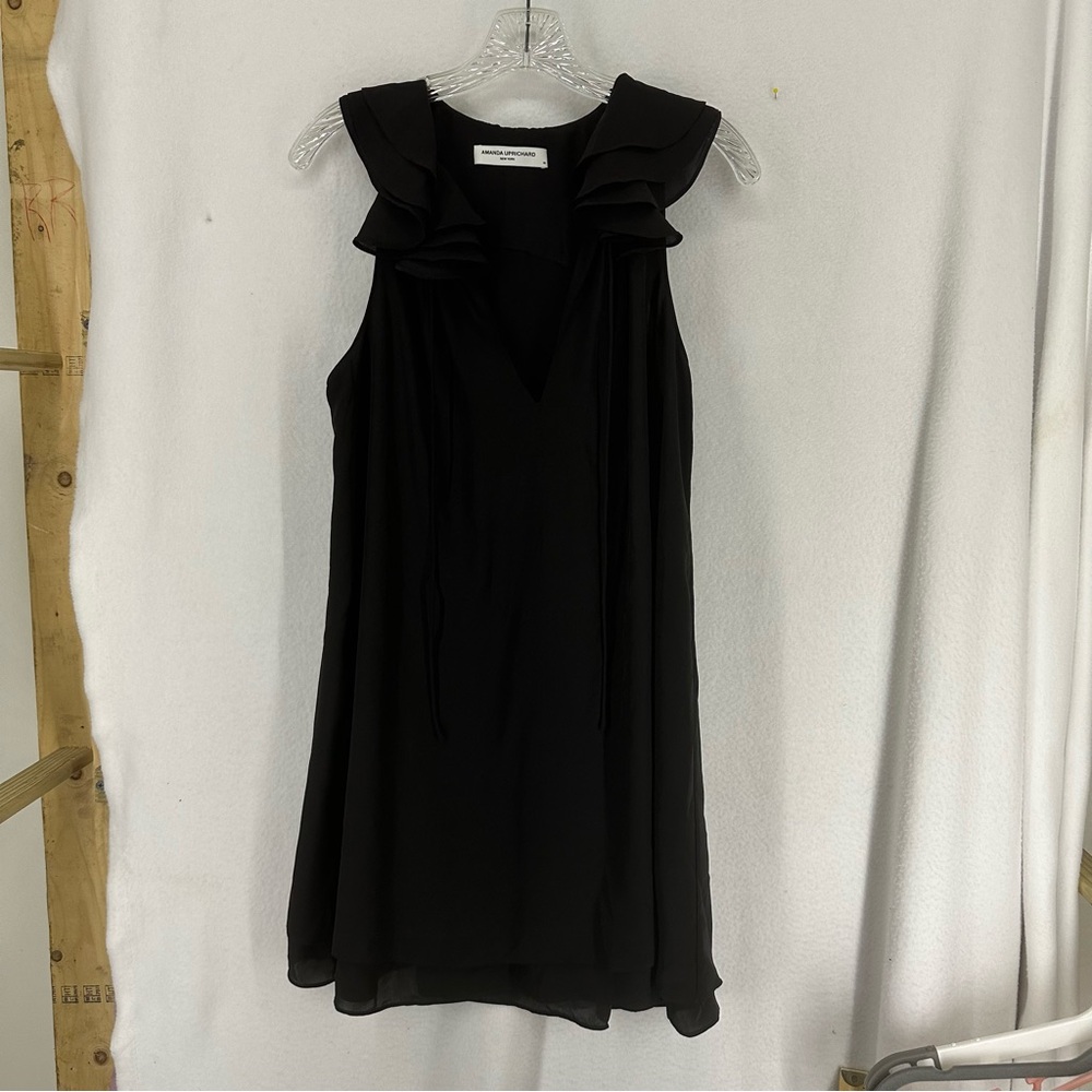 Amanda Uprichard Sleeveless Ruffle‎ V Neck Mini Dress Womens Medium Black